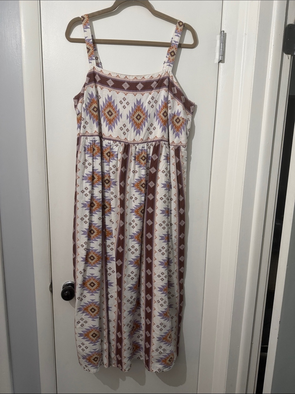 Sonoma Ivory Maxi Dress with Brown and Orange Aztec Print Size XXL